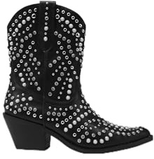 Beast Fashion Studded Western Boots Cowboy Boots Mid-Calf Boots Cowgirl Boots Ankle Boots Pointed Toe Boots Block Heel Boots, Black, 8