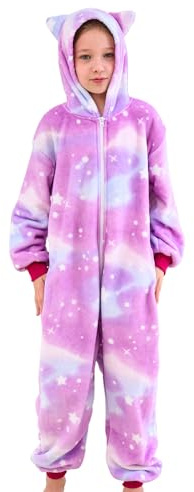 Piefry Pijamas de Una Pieza con Orejas de Gato para Niñas - Pijama Onesie Mono de Gato para Niños(Estrellas Rosas, 10-12 años)