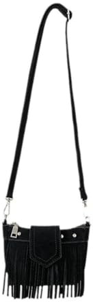 Petit sac à bandoulière rétro à franges pour femme avec sangle réglable et fermeture éclair pour téléphone portable, Noir