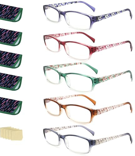 LANLANG Läsglasögon för kvinnor, anti-blått ljus glasögon med 3 färger, mode anti-eyestrain anti-UV, Gradient grå/grön/lila/brun/blå, +2.50