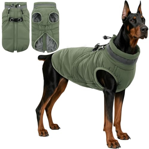 SAWMONG Windproof Waterproof Dog Coat, Reflective Dog Jacket with Built-in Harness, Fleece Lined Cold Weather Coat with Zipper for Winter, Cold Weather Outdoor Adventures(3XL,Green)