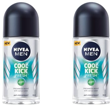 NIVEA Men Cool Kick Fresh Roll-On Deodorant 50ml, 48H Antiperspirant, Cactus Water, Cooling Sensation, Alcohol-Free, Dermatologically Tested, Long-Lasting Fresh Scent, Skin-Friendly, Pack of 2