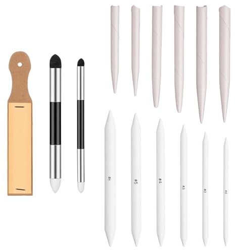 Qianyu 15 piezas de tocones de mezcla para dibujar tortillones de papel, licuadoras de arte reutilizables, lápices de esponja, bolígrafos de papel de lija para artistas, bocetos de carbón