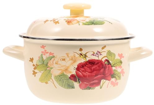 SEWACC Pentola Smaltata per Stufati e Zuppa 20 Cm, Pentola da Cucina Vintage con Doppie Maniglie e Coperchio, Fondo Piatto per Riscaldamento Uniforme, per Uso Domestico, Stile Casuale