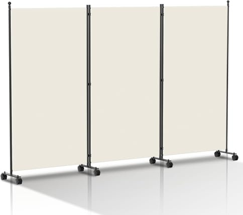 Paravent, rumsavgränsare, skiljevägg, fristående, synskydd på hjul, synskydd, 3-delad, för kontor, balkonger, 263 x 181 cm, vit