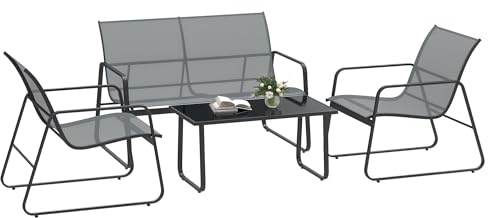 Outsunny Set Salotto da Giardino da 4 Pezzi, con Divanetto da Esterno a 2 Posti, 2 Sedie e Tavolo da Caffè in Vetro Temperato, Set di Mobili da Giardino in Metallo e Texteline, Grigio Chiaro