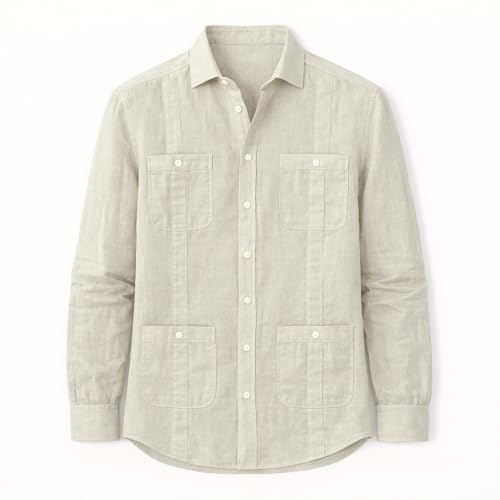 Blue coast yachting Camisa Guayabera de Lino para Hombre, Manga Larga con 4 Bolsillos y Alforzas, Estilo Cubano Casual para Playa, Verano y Bodas, Transpirable y Ligera