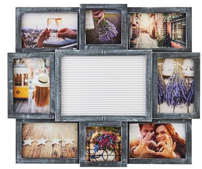 MELANNCO Collage Picture Frame with Letter Board, 8 Opening Photo Display for 4x6 and 4x4 Photos, 19 x 17 Inch Wall Decor with 144 Changeable Letters, Numbers and Symbols, Distressed Black