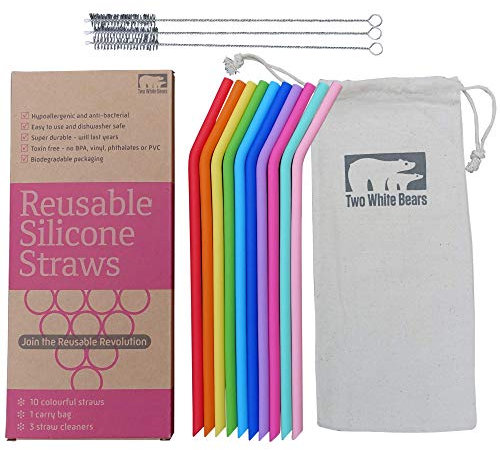 Reusable Drinking Straws 10 Pack. Food Grade Silicone. One Tree Planted Per Purchase. Eco Friendly Alternative to Plastic & Metal Straw. Cotton Bag + 3 Cleaning Brushes. by Two White Bears