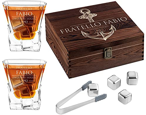 Maverton Set di Pietre da Whisky - in un cofanetto personalizzato - 8 cubetti di ghiaccio + 2 bicchieri con incisione - riutilizzabili - in granito - regalo uomo - ancora