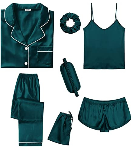 SWOMOG Womens 7pcs Silk Satin Pyjama Set Short Sleeve Button Down Shirt Camisole Shorts Pants Pjs Set Eye Mask with Silky Hair Band