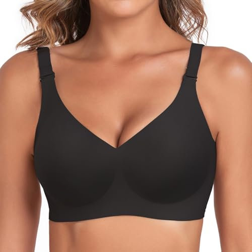 Vinfact Nahtloser BH Damen Ohne Bügel Push up Große Brüste Starker Halt V-Ausschnitt Bügelloser Seamless Bequem T Shirt Schlaf BH(BK,M)
