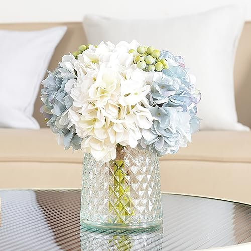 Wracra Hydrangeas Floral Arrangement in Glass Vase, Fake Flowers Silk Hydrangea Artificial Flowers with Vase for Home Office Decoration, Dining Table Centerpiece(Blue)