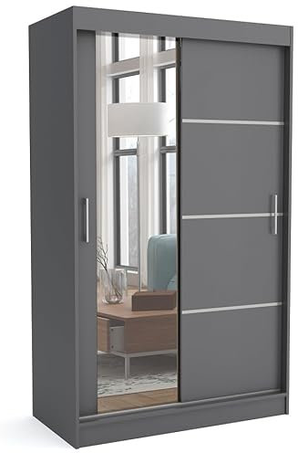 Brent - Kleiderschrank mit Spiegel 100cm Breit Windsor Tomy I Schlafzimmerschrank mit 2 Kleiderstänger und Einlegeböden für Kleidung I Kleiderschrank Grau