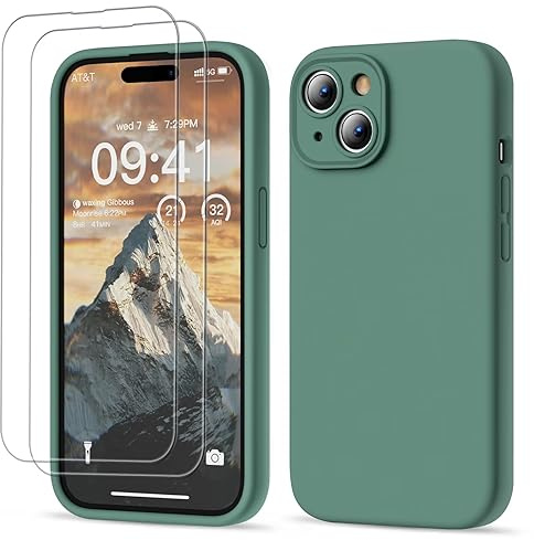 GOODVISH 3 in 1 Designed for iPhone 15 Case Premium Silicone 6.1 (2023)| Upgraded Camera Protection, 2 Pack Screen Protector, Shockproof Anti-Scratch Gel Rubber Slim Phone Case Cover, Pine Green
