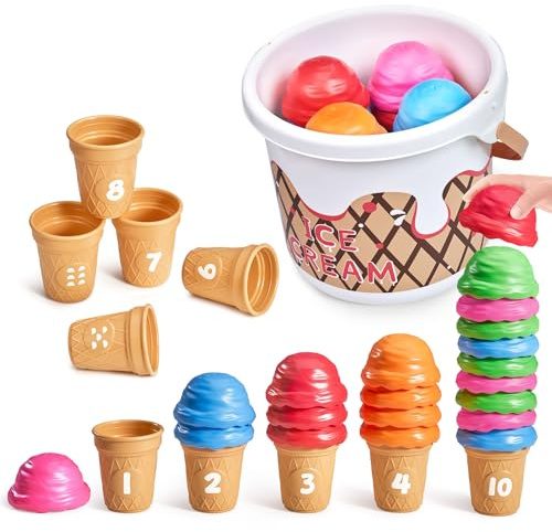 JoyCat Ice Cream Preschool Learning Activities Counting and Color Sorting Set Stacking Toys for Kids 1-5, Educational Fine Motor Skills Toys, 30PCS Math Manipulatives