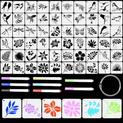 SLTAXAR 60 Stück Schablonen Textilgestaltung Zeichenschablonen mit 8 Buntstift Kleine Schablonen Zeichnen Set zum Malen Vogel Biene Schmetterling Libelle Blume Schablonen zum Basteln von Grußkarten