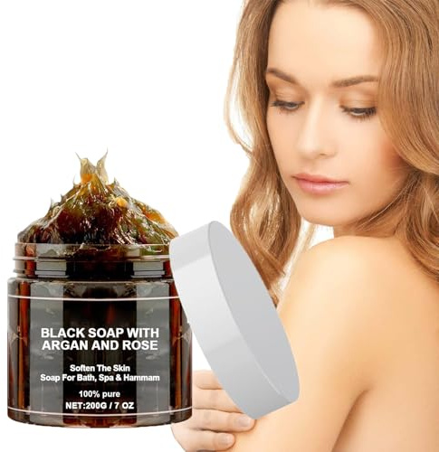 Jabón negro Marruecos con argán y rosa, jabón negro marroquí 100% orgánico, jabón negro exfoliante corporal, exfoliante corporal de Marruecos, gel de ducha exfoliante para piel suave – 200 g (1 unidad
