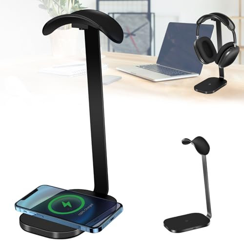 Idota Soporte para auriculares con carga inalámbrica, soporte para auriculares sobre auriculares, soporte de mesa con base sólida para todos los auriculares
