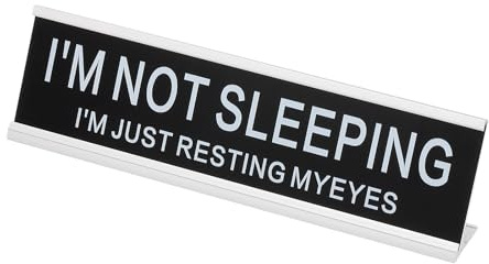 PATIKIL Funny Nameplate, 8x2 Novelty Desk Sign Plaque Aluminum Desk Name Plate with Base for Office, Silver White (I'M Not SleepingI'M Just Resting Myeyes)