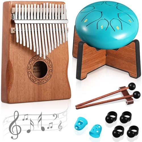 Resholder Rain Drum for Outside Garden Kalimba Thumb Piano Musical Instruments Set 8 Notes 6 Inches Steel Tongue Drum Rain Chimes 17 Keys Finger Piano for Beginners Gift(Moss Blue)