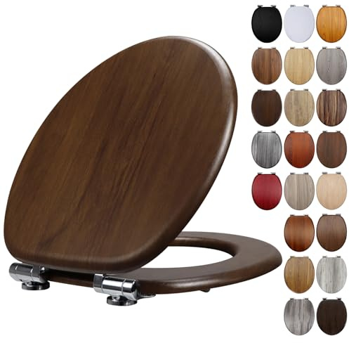 Fanmitrk Asiento de inodoro de madera de nogal oscuro, cierre suave con bisagras ajustables de aleación de zinc macizo, asiento de inodoro ovalado de madera MDF con fijaciones inferiores, fácil de