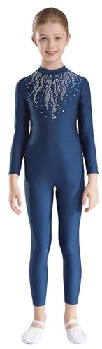 FEESHOW Flicka gymnastikdräkt helkropp långärmad glitter gymnastik balett body med strass barn jumpsuit danskläder i ett stycke, Marinblå, 146-152