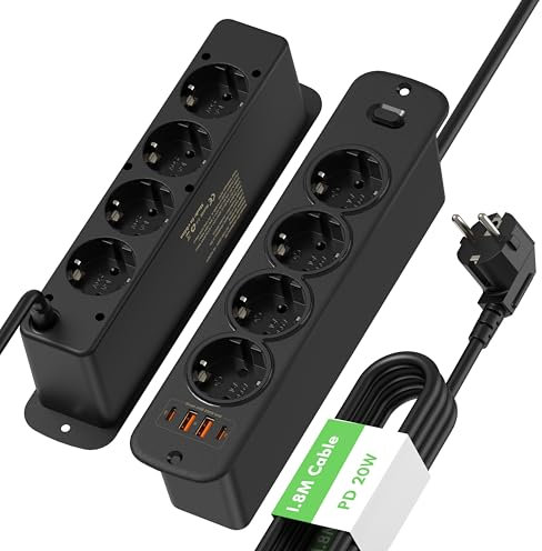 Infälld grenuttag med 8 uttag med USB C PD 20 W och strömbrytare, infällt eluttag med 4 USB för bänkskiva, bord eller möbler, dubbelsidig infälld kontakt - svart, 2 m kabel