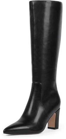 VIUGJNEX Black Boots for Women Knee High 3 Inch Chunky Block Heel Pointed Toe Tall Long Boots Dressy Sexy Comfortable, Size 8.5