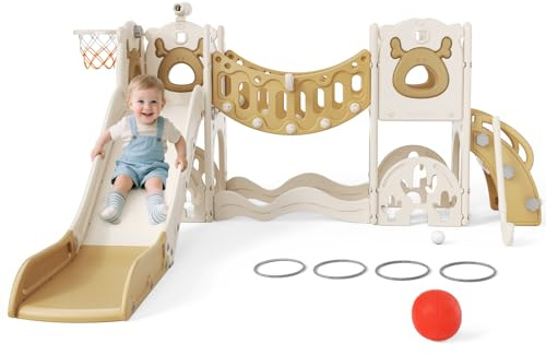 Lischwert Kids Slide Toddler Slide Freestanding,2025 new upgrade with climbing bridge Slide Set Perfect for Toddler Christmas, Birthday Gift (Khaki-7-IN-1- Vitality)
