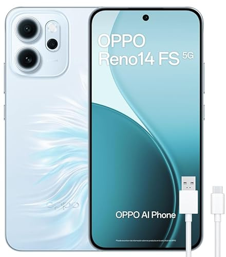 OPPO Reno14 FS 5G – Smartphone Libre con IA, 12GB RAM + 512GB, Cámara Triple 50MP, Batería 6000mAh, Carga Rápida 45W, Pantalla AMOLED 120Hz, IP69, Dual SIM, Android, Versión Española - Opal Blue