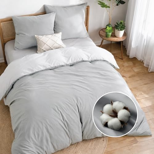 Dreamzie Funda nordica Cama 150 Algodon - Funda edredon 200x220 con Cierre + 2 Fundas Almohada 80x80 - Juego de Cama Liso y Reversible - Gris Claro