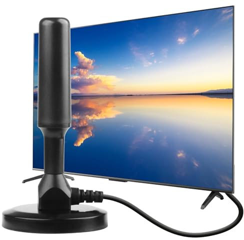 Antenne TV Intérieur Puissante, Antenne TV TNT HD avec DVB-T/DVB-T2 avec Base Magnétique 3M de Câble Coaxial Réception 360° pour Tous Les Numérique HD Intelligent téléviseurs 1080P 4K Chaînes
