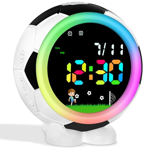 Edillas Réveil Enfant Digital Football/pêche avec Veilleuse et Double Alarme,Réveil Numérique avec Snooze,6 Sonneries, Rentrée/Anniversaire/Noël pour Garçons et Filles 4-15 Ans (Football)