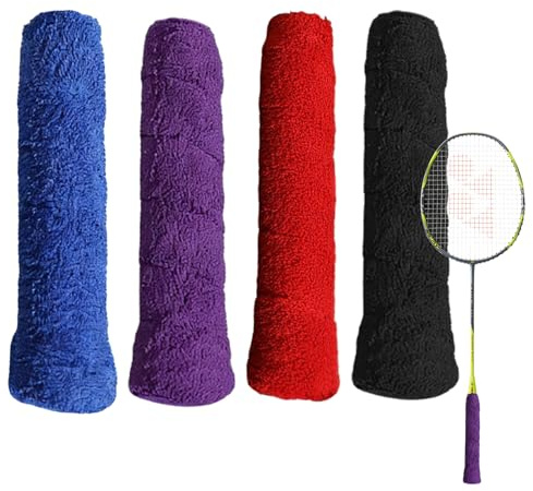 Plkjiu 4-Pack Badminton Racquet Grips - Super Absorbent Anti-Slip Towel Grips for Tennis & Squash Rackets, Multi-Sport Handle Tape in 4 Colours (Black/Blue/Red/Purple)