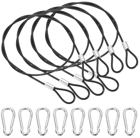 PATIKIL 20 Inch Safety Cable Lock, 4 Pcs 304 Stainless Steel Security Wire Ropes Double Loop Anti-Theft Safety with 8 Spring Buckles for Bicycles Luggage Stage Lighting, Black