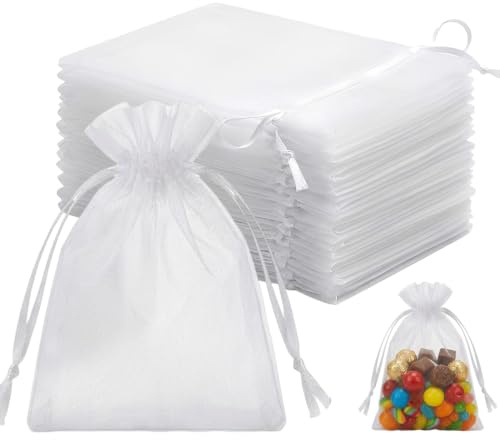 GILWUMO 50 Bolsitas de Tela Pequeñas de Organza Blancas, Bolsas de Regalo con Cordón 8x10 cm para Joyería, Dulces, Bodas y Favores
