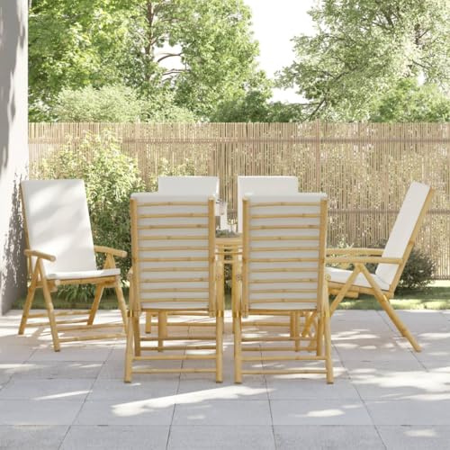 YunCangg Garden Chairs Pack of 6 Adjustable Foldable with Cushion Bamboo Wood Outdoor Balcony Chair Patio Chair with Armrest and Backrest for Comfortable Relaxing and Camping