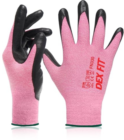 DEX FIT arbetshandskar FN330, 3D komfort stretch passform, kraftgrepp, hållbart skum nitrilbelagd, smart touch, tunn och lätt, maskintvättbar (medium (3 par), FN330 rosa)