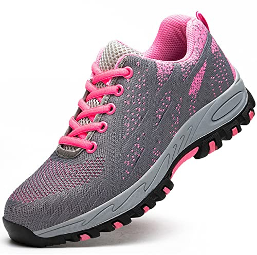 Chaussures de Sécurité pour Femmes, Protection du Travail Respirable, Tête en Acier, Étanche à l'Usure, (Rose, 34-40EU)