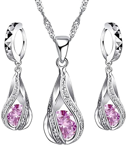 Crystalina Juego Collar y Pendientes Mujer Plata, Set Joyas, Regalos para Mujer (Lagrima Rosa)