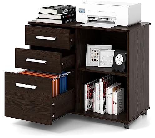 GOPLUS mobiler Aktenschrank, Rollcontainer mit 3 Schubladen & 2 offenen Fächern, Bürocontainer mit Rollen, Büroschrank Druckerschrank Beistellschrank für Büro & Wohnzimmer, 81 x 41 x 66cm (Braun)
