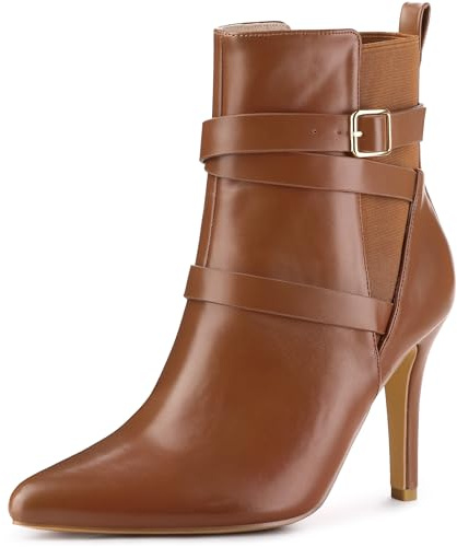 Perphy Women's Chelsea Boots Pointy Toe Stiletto Heel Ankle Boot | Faux leather pointed toe heeled booties, Multi strap buckle design, High stiletto heel for party styling