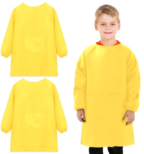 HoaaiGo 2 Pcs Bata de Pintura Niños 3-12 Años, Babero de Arte Infantil con Manga Larga Bolsillo Grande, Delantal de Chef Ajustable Niño Niña, Delantales Blusón Pintar para Cocinar Hornear (Amarillo)