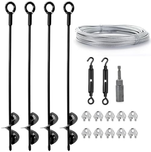Kit d’Ancrage au Sol 45cm avec 15m Câble en Acier Galvanisé & Tendeurs, Lot de 4 Robustes Ancrages de Terre, Kit d’Haubanage Extérieur Contre Le Vent pour Abri de Jardin et Serre, Tonnelle
