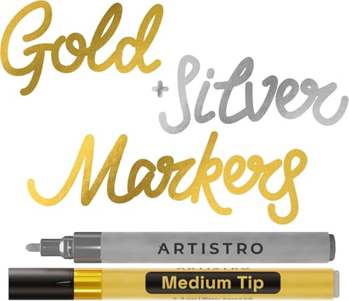 ARTISTRO 2 Gold & Silver Metallic Acrylic Paint Pens for Rock Painting, Ceramic, Wood, Glass, Tire, Plastic - 3mm Medium Tip Paint Markers - Ideal for Labeling, DIY Crafts & Art Projects
