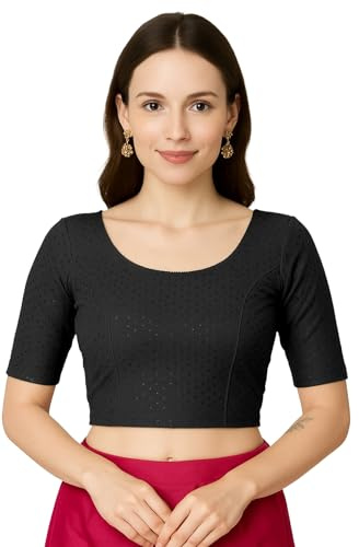 Jaanvi fashion Women's Round Neck Cotton Dobby Lycra Elbow Sleeve Readymade Saree Blouse(cotton-dobbi-blouse-black-XL)