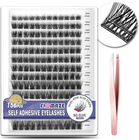 FLOMAZE Self Adhesive Eyelashes, 156 PCS Self Adhesive Eyelash Clusters, No Glue Needed, Dual-row Glue Strips 8-16mm Mixed Individual Lash Extension Super Sticky Reusable False Lashes
