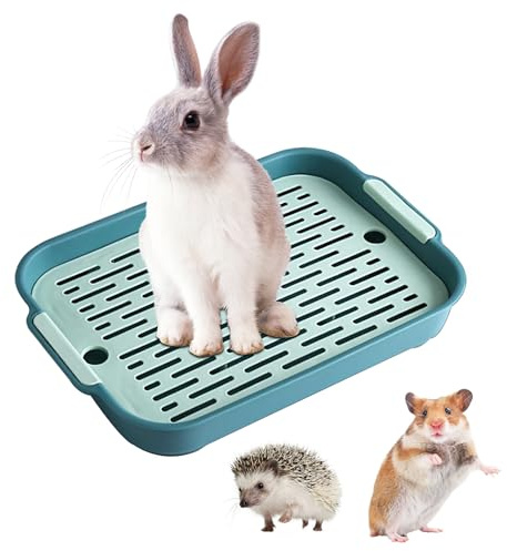 Hoquare Large Rabbit Litter Tray, Rectangular Bunny Litter Box with Grid, 2 Tier Flat Rabbit Cage Toilet Tray, Small Pet Litter Box Toilet Potty for Bunny, Guinea Pig, Cat(Green)