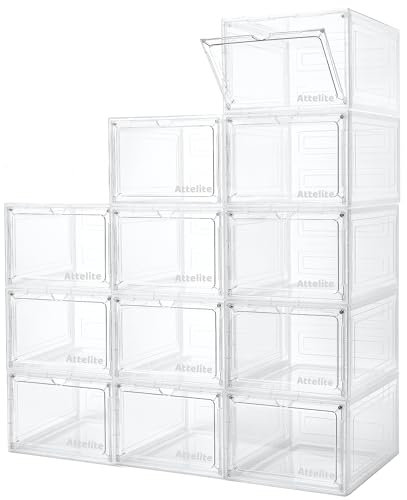 Attelite 12Pack Shoe Boxes Storage Stackable Clear Shoe Organizer X-Large